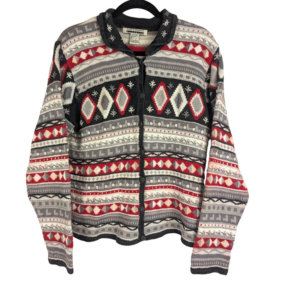 M Vintage Work In Progress Classics Womens Fair Isle Cardigan Sweater Cotton